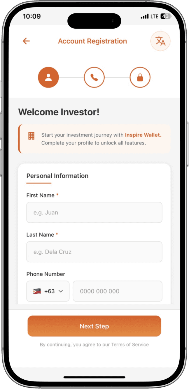 Inspire Wallet sign up screen