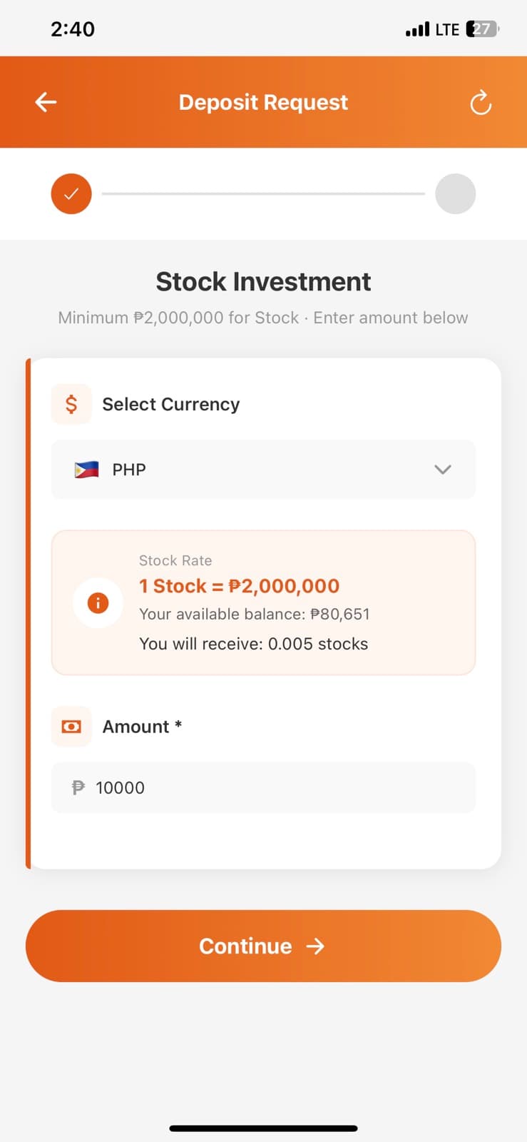 Buy stocks step 2 screen