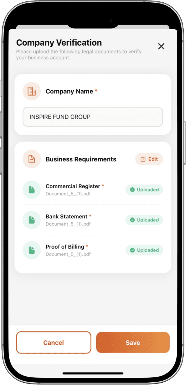 Company KYC verification screen in Inspire Wallet