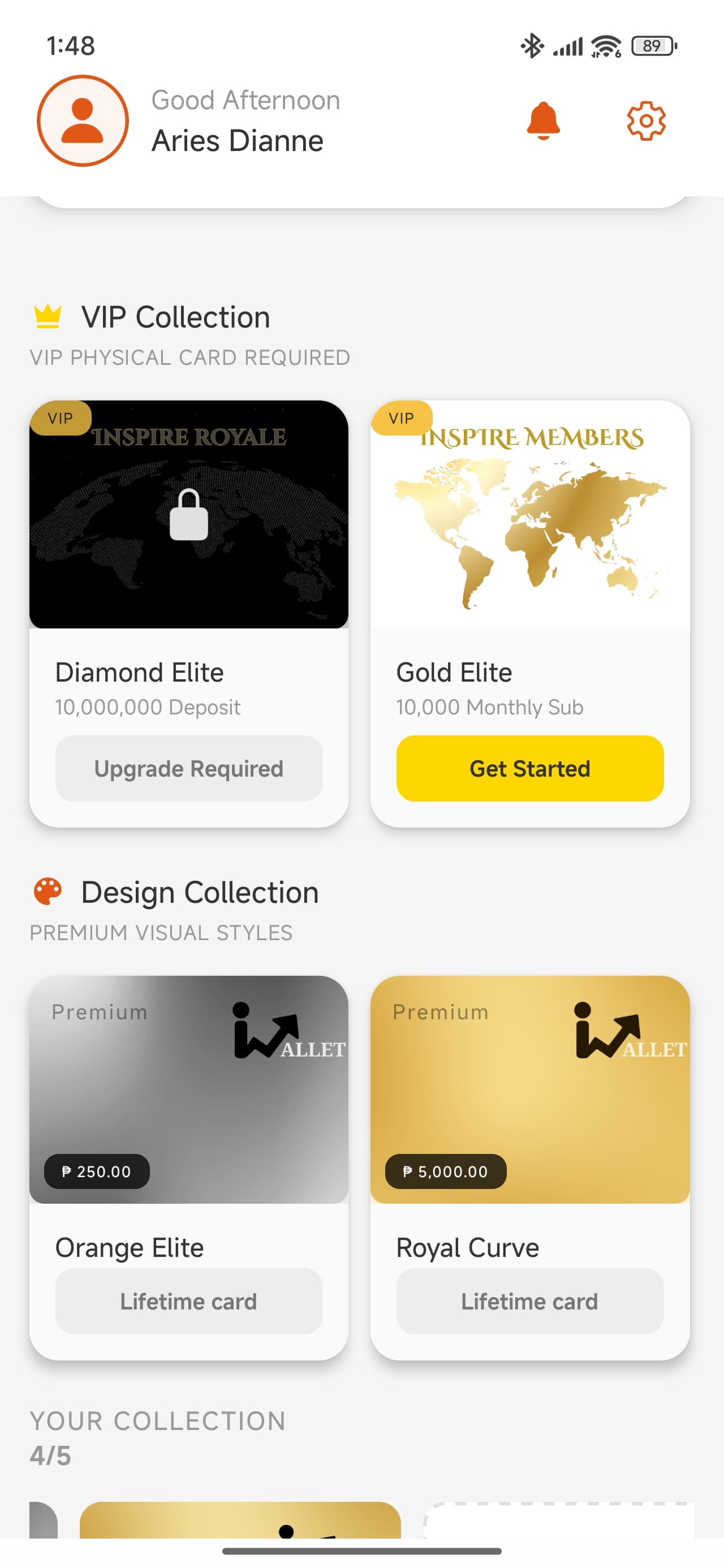 Inspire Wallet buy virtual cards screen